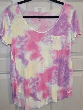 Hollister - Pink Purple Cream Tie-Dye V-Neck Pocket Tee